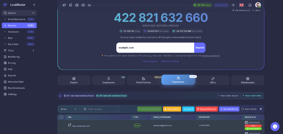 LeakRadar search dashboard