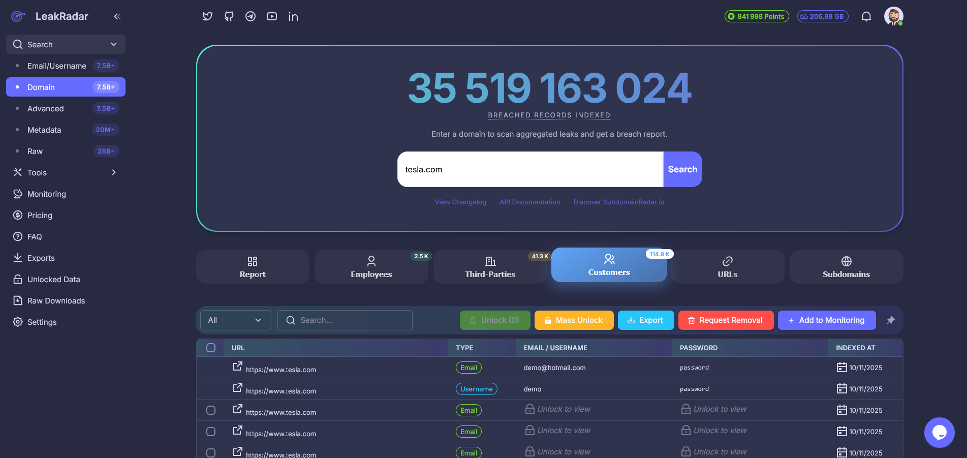 LeakRadar search dashboard